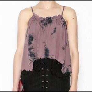 Storia Tie Dye Distressed Raw Hem Purple Black Crop Cami Top Size Large